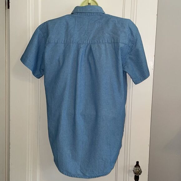 Vtg 80s M.I.C. Fashion blue denim cotton chambray short sleeve oversized shirt - Picture 6 of 8